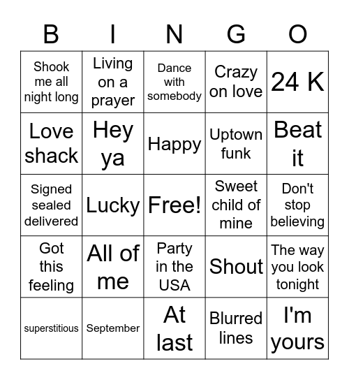 Wedding band Bingo Card