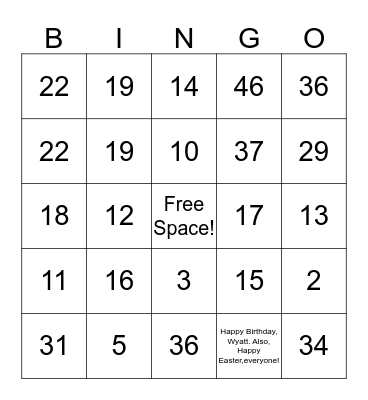 Wyatt's Birthday Bingo Card