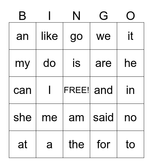 Site Word Bingo Card