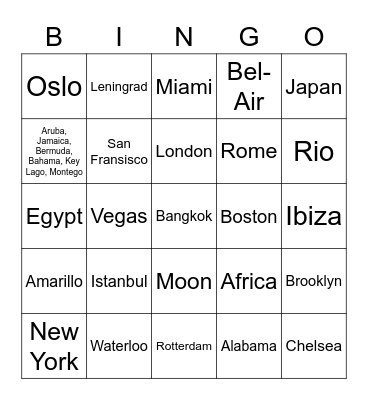 Places Part 2 Bingo Card