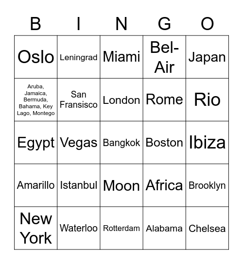Places Part 2 Bingo Card