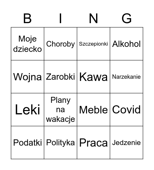 Tematy innego pokolenia Bingo Card