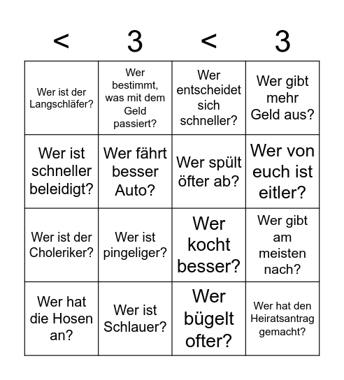 Hochzeitsbingo Schuhspiel Bingo Card