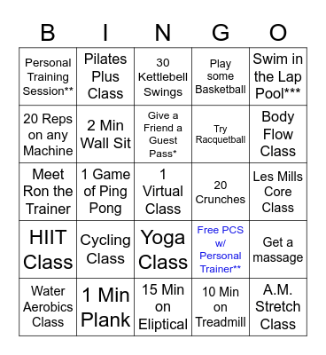 Fitness Bingo Card