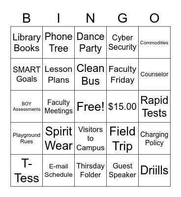 Faculty Welcome Back 2021 - 2022 Bingo Card