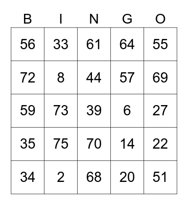 Pete ROUND 1 (Numbers) Bingo Card