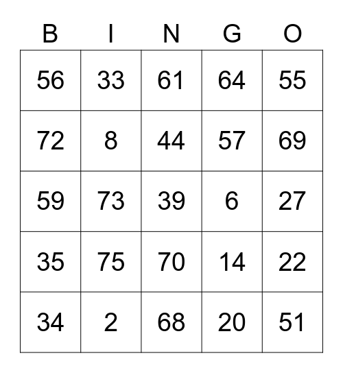 Pete ROUND 1 (Numbers) Bingo Card