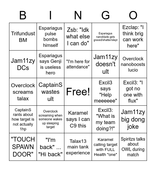 NUSEG OW Team A Bingo Card