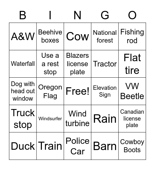 Oregon Bingo Card