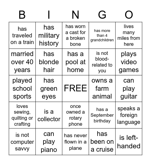 Coates Family Bingo Card