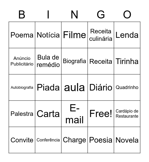 Gêneros Textuais Bingo Card