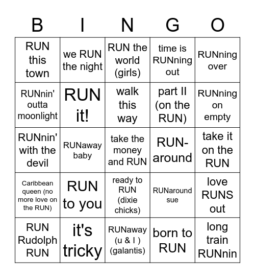RUN Bingo Card