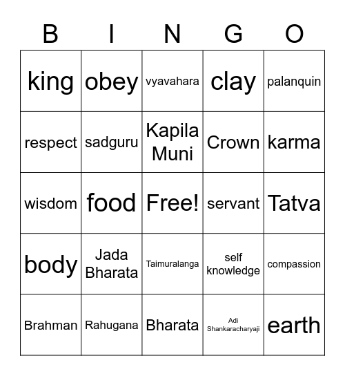 Jada Bharata Bingo Card