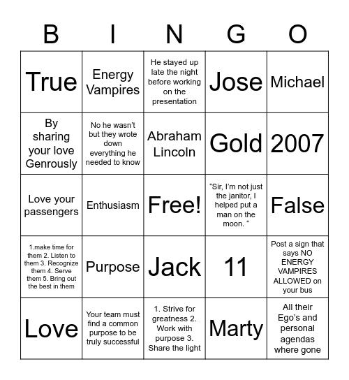 Energy Bus Bingo Card