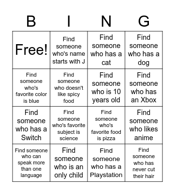 Get to Know Your Classmates Bingo Card
