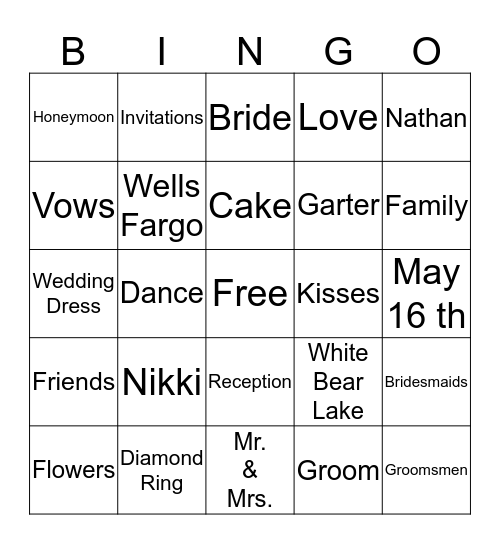 Nikki's Bridal Shower Bingo Card