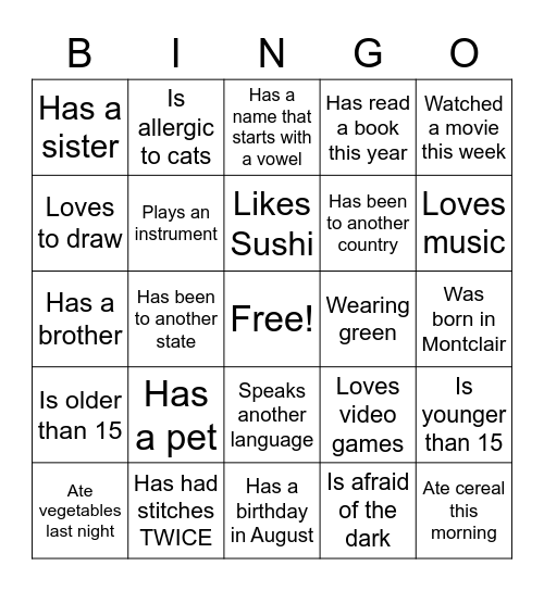 Getting to Know You Bingo Card