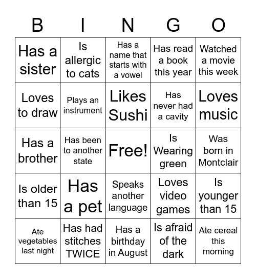 Getting to Know You Bingo Card