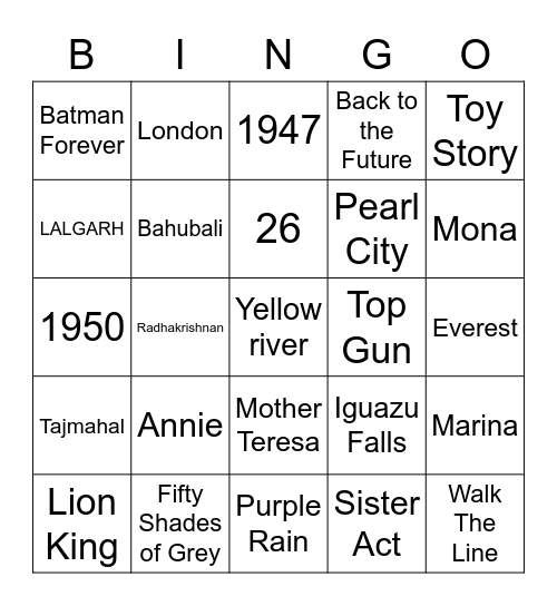 Filmy Tambola Bingo Card
