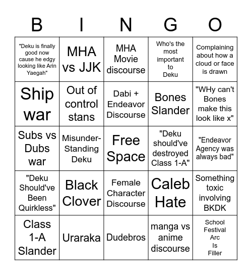 MHA Toxicity/Discourse Bingo Card