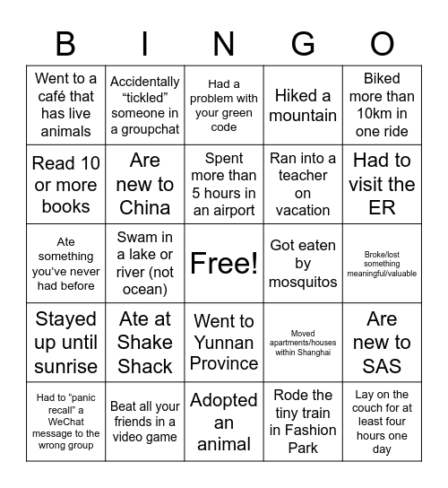 Inno "What Did You Do This Summer" Bingo Card