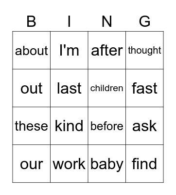Tricky Words Bingo Card