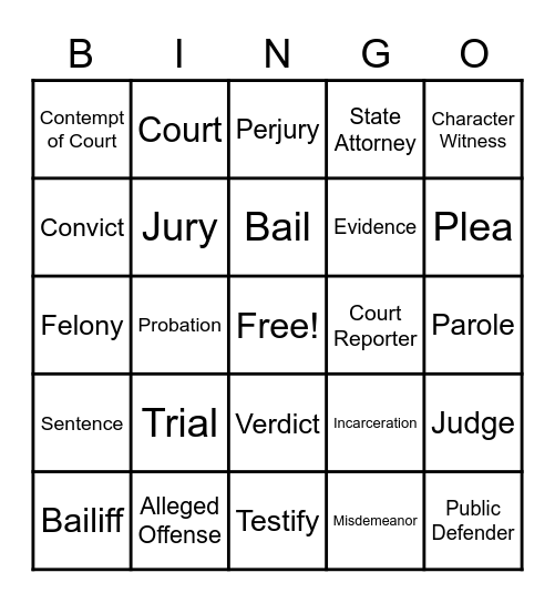 Competency to Proceed Vocabulary Bingo Card