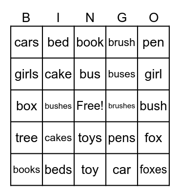 Singular /Plural Bingo Card