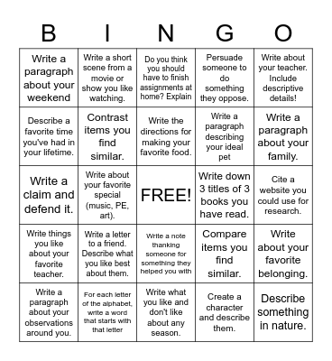 Writing Homework Bingo Card