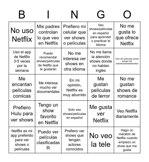 Netflix Bingo Card