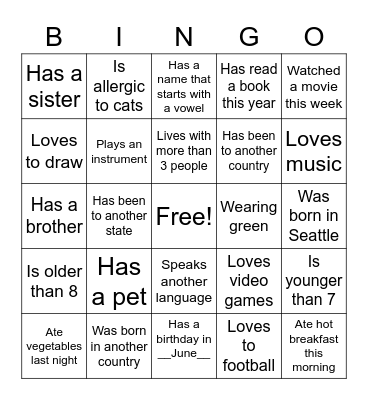 Getting to Know You Bingo Card