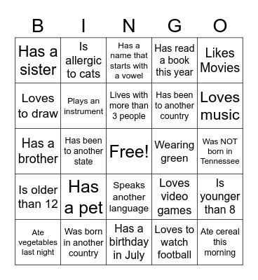 Getting to Know You Bingo Card