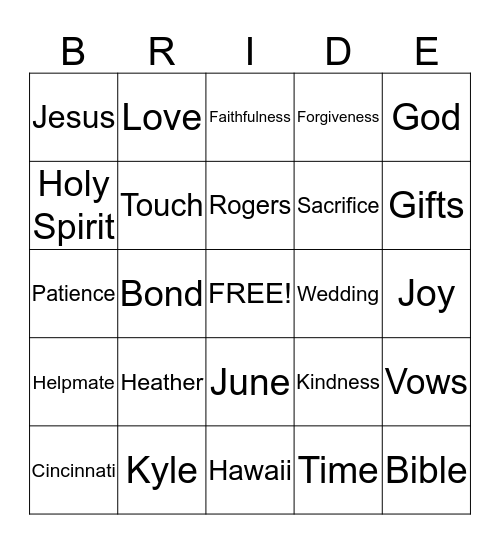 Heather and Kyle Bingo Card