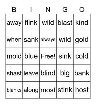 Word Practice Bingo Card