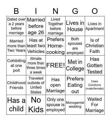 Young Married Couples Bingo Card