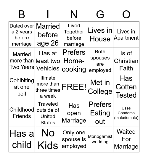 Young Married Couples Bingo Card