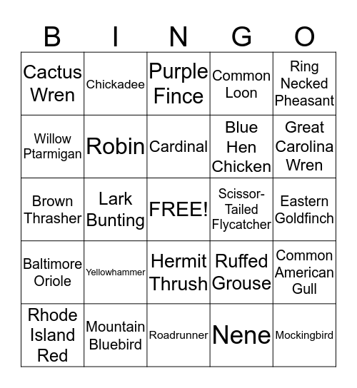 State Birds Bingo Card