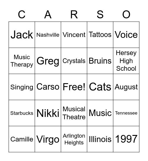 CAMILLE Bingo Card