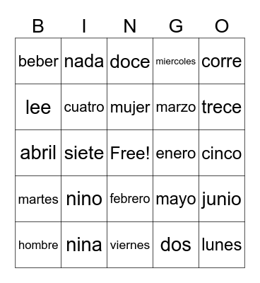 Spanish Vocabulary Bingo Card