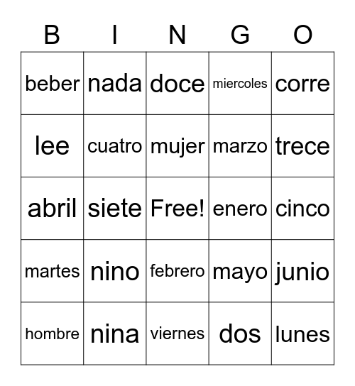 Spanish Vocabulary Bingo Card