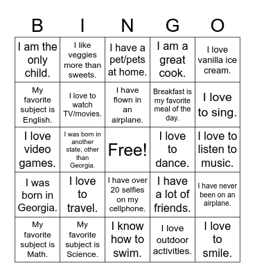 Mrs. Andrews' Intro Bingo Card
