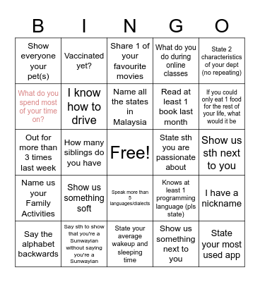 Dry Run Bonding Bingo Card