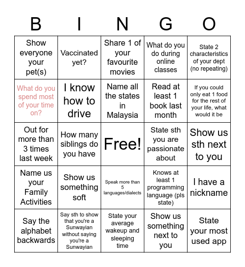 Dry Run Bonding Bingo Card