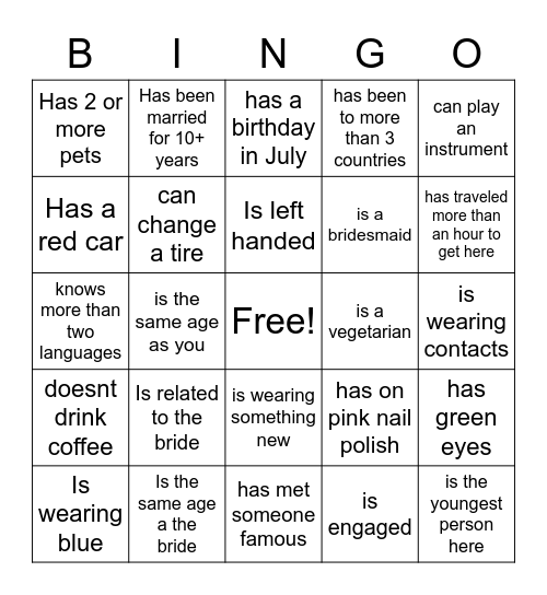 Find a guest who matches the square Bingo Card
