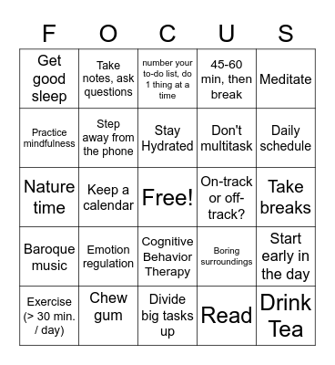 Improve your attention Bingo Card