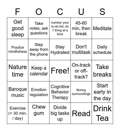 Improve your attention Bingo Card