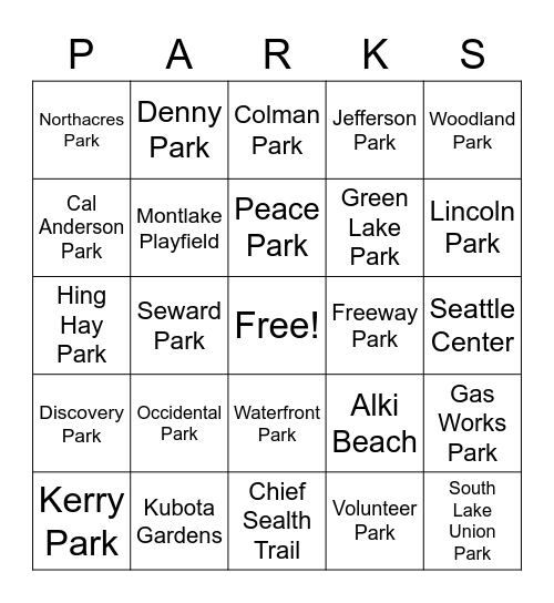 Seattle Parks Bingo Card