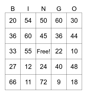 Multiplication Bingo Card