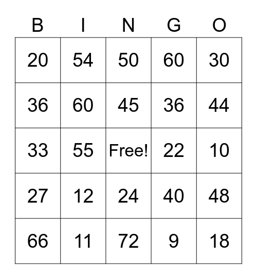Multiplication Bingo Card