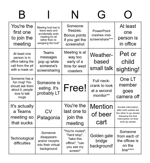 CV ZOOM Meeting Bingo Card